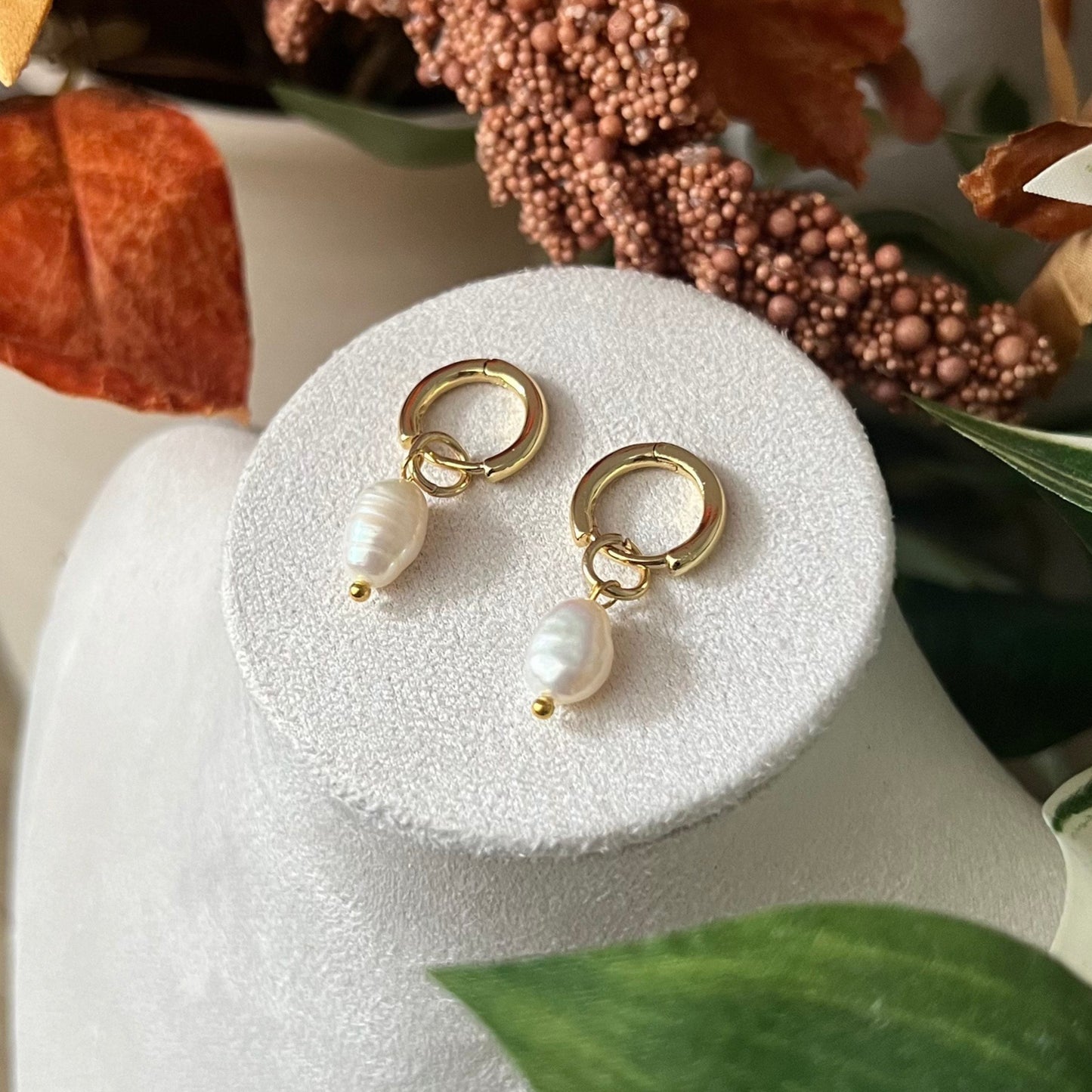 18k Gold Plated Hoop Earrings with Certified Pearls