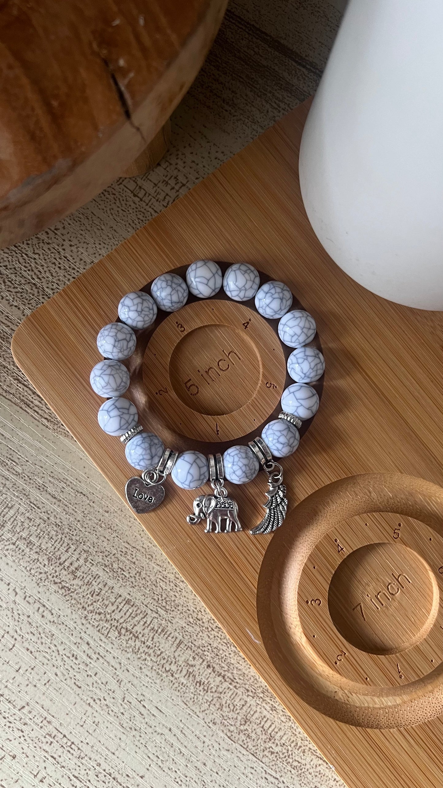 5 inch Beaded Bracelet - White Patterned with Charms