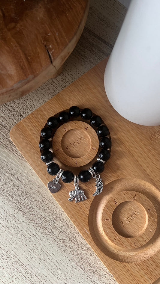 5 inch Beaded Bracelet - Black with Charms